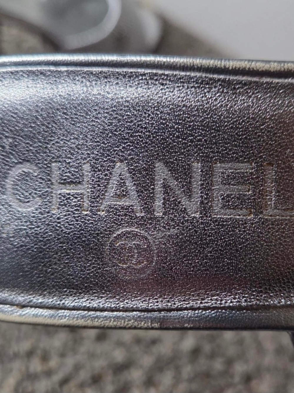 CHANEL Silver Ribbed Slide Sandals with Embellished Heel - Picture 5 of 9